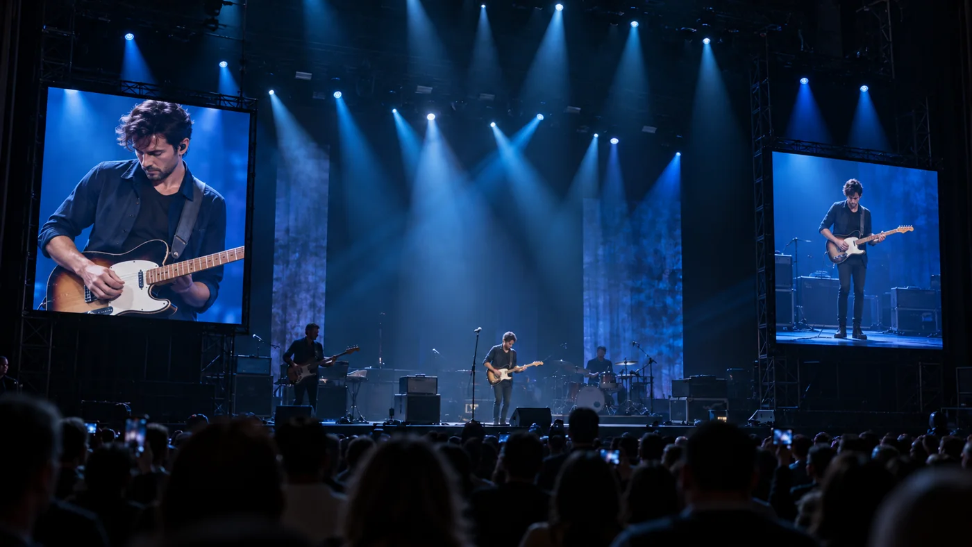 Kwadratowe ekrany LED: zbliżenie gitarzysty po lewej i pełny plan po prawej