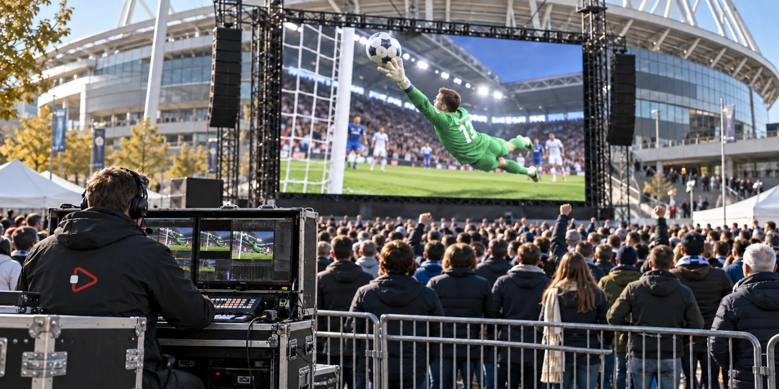 Strefa kibica przed stadionem z ekranem LED i stanowiskiem realizatora wizji