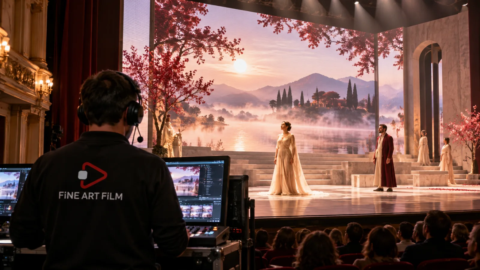 Jasna scena teatralna z ekranem LED tworzącym scenografię przedstawienia