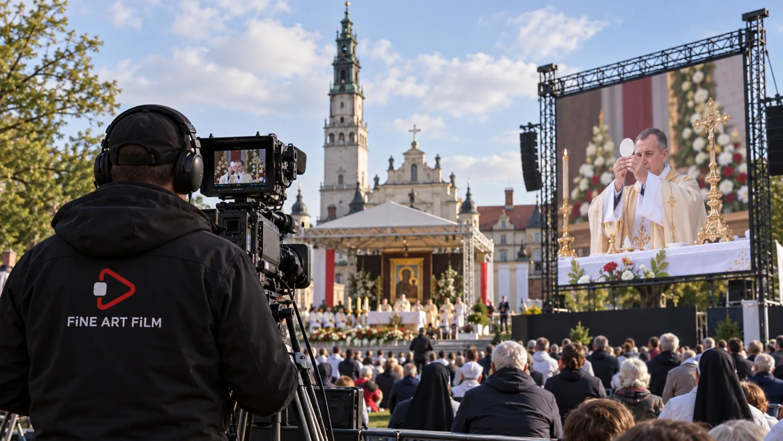 Ekran LED przekazujący transmisję mszy dla uczestników zgromadzonych w plenerze
