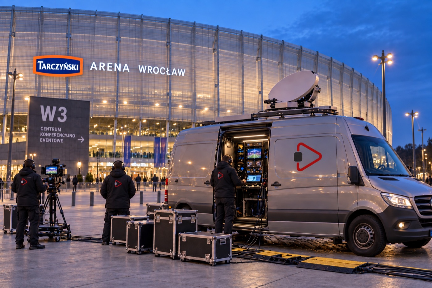 Kompaktowy wóz SNG z anteną satelitarną i sygnetem FiNE ART FiLM przy strefie konferencyjnej Stadionu Wrocław