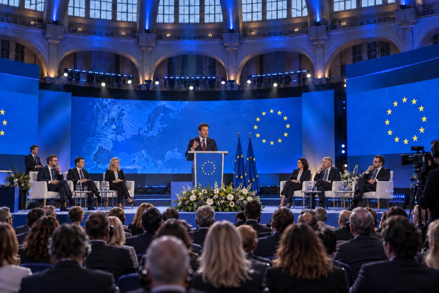 Duże europejskie wydarzenie polityczne z mównicą i panelem gości