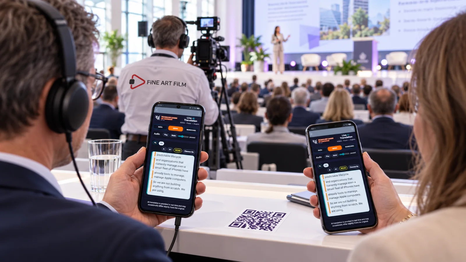 Uczestnicy konferencji korzystający z tłumaczenia na telefonach i w słuchawkach