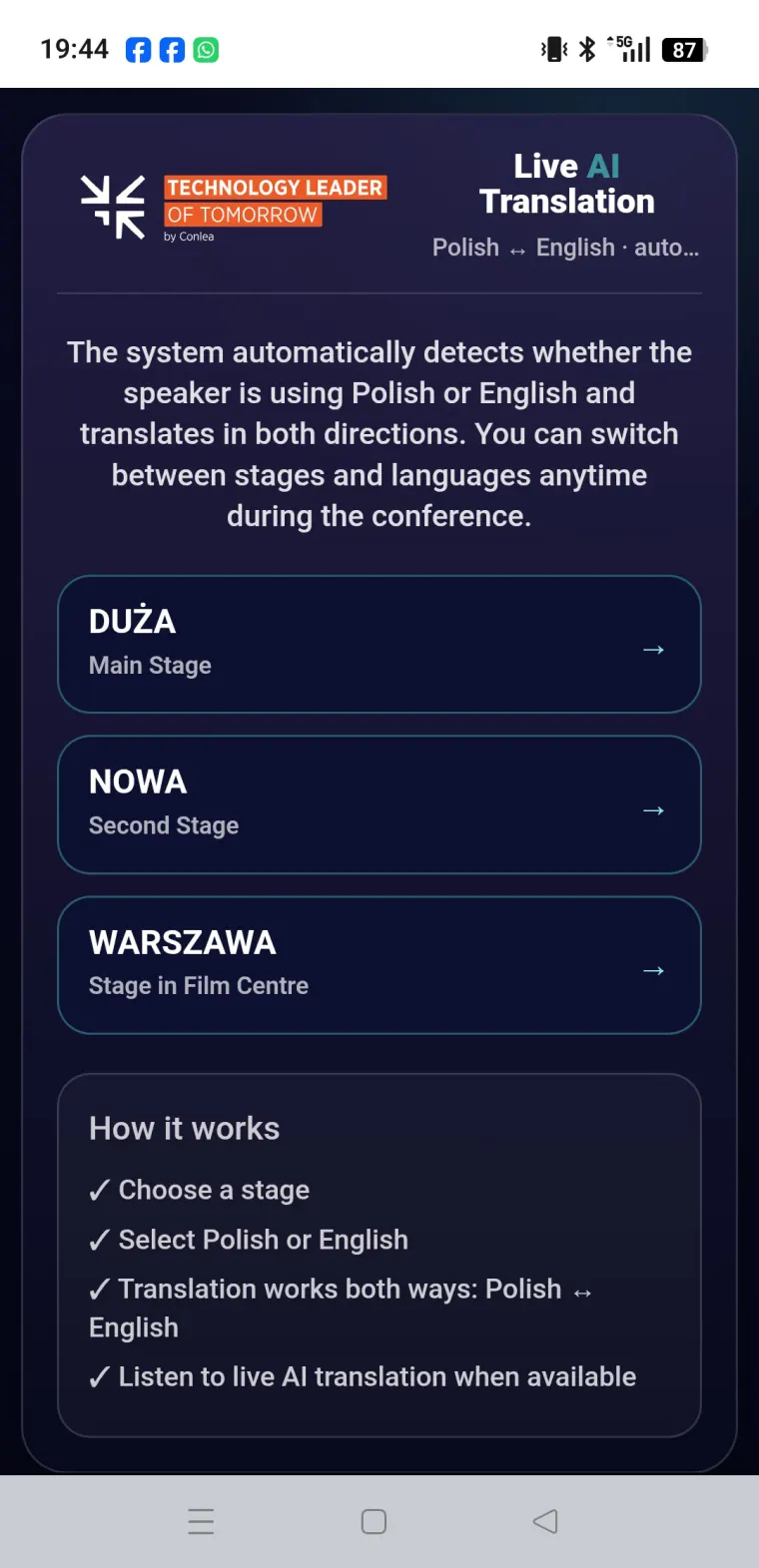 Viewer tłumaczenia na telefonie uczestnika
