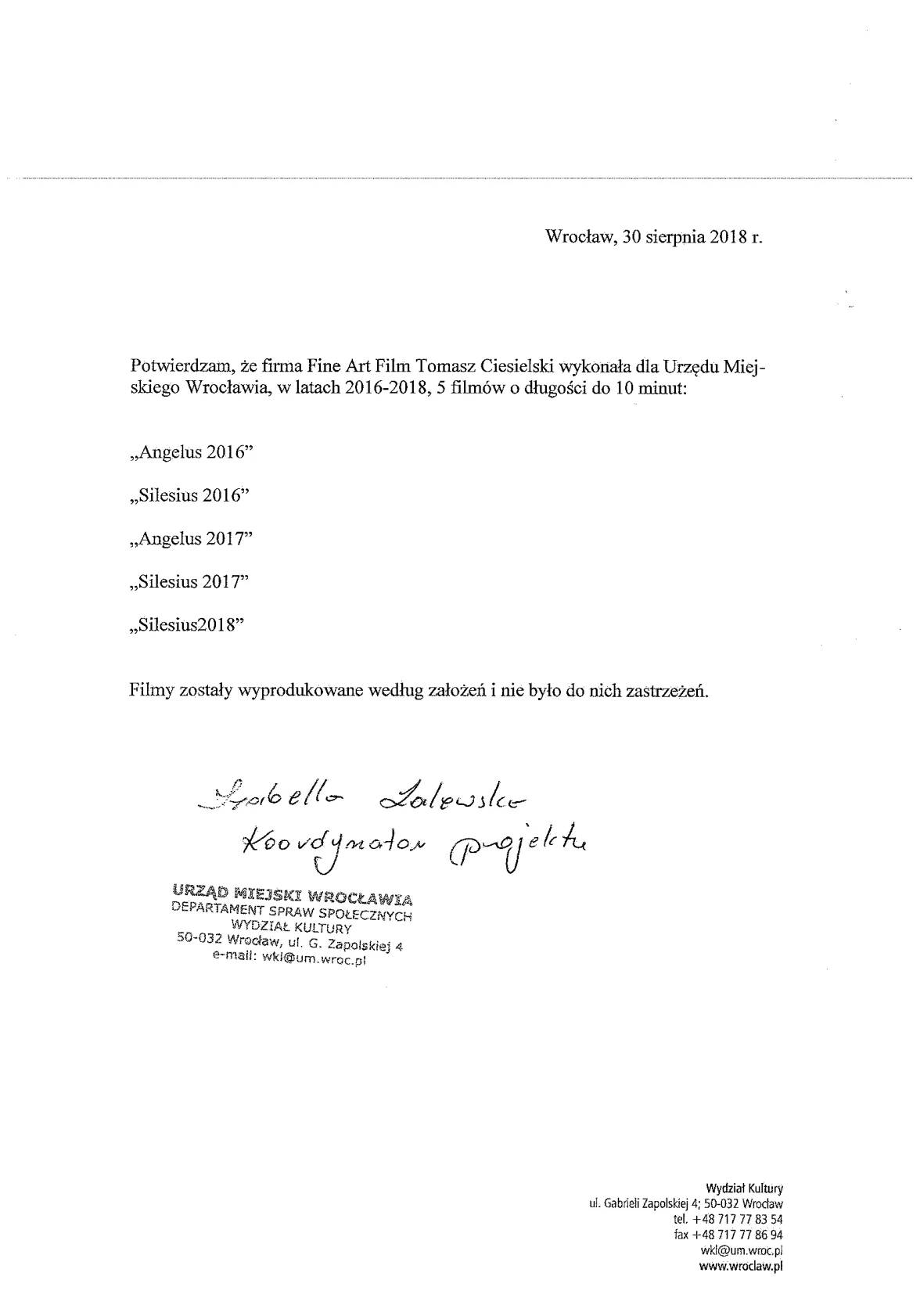 Referencje Urząd Miejski Wrocławia - Wydział Kultury