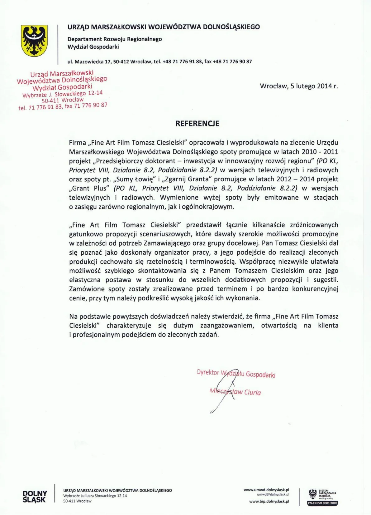 Referencje Urząd Marszałkowski Województwa Dolnośląskiego